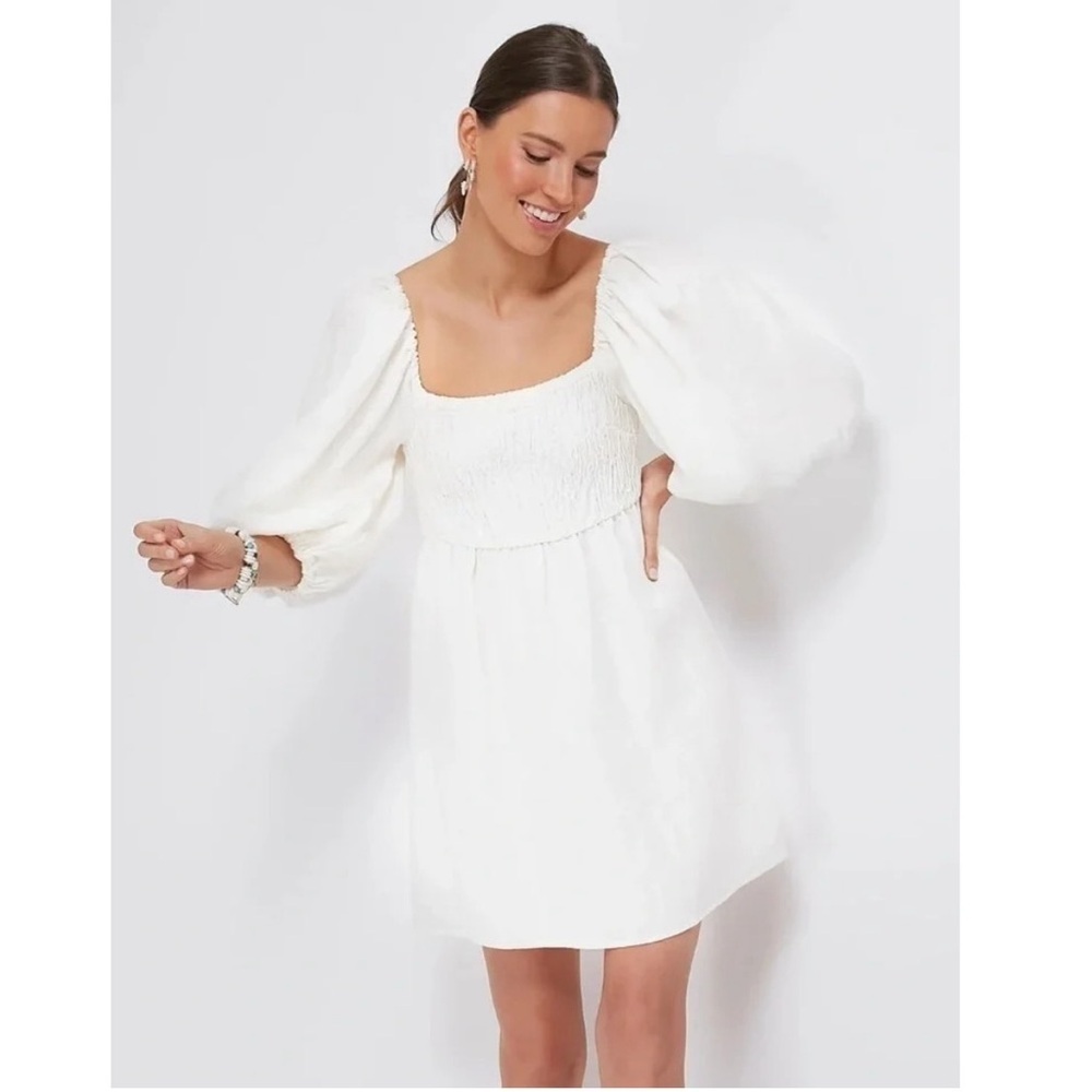Tuckernuck Annie 100% Linen Smocked Square Neck Puff Sleeve Dress White Medium